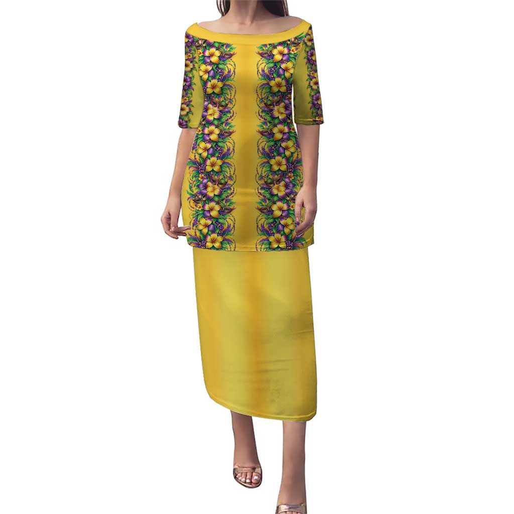 Aloha Hawaii Mardi Gras Family Matching Puletasi and Hawaiian Shirt Gold Style LT05 Mom's Dress Gold - Polynesian Pride