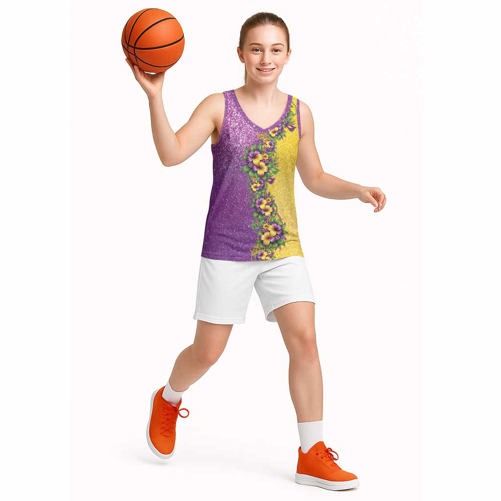Hawaii Mardi Gras Basketball Jersey Plumeria Lei Beads Glitter Style