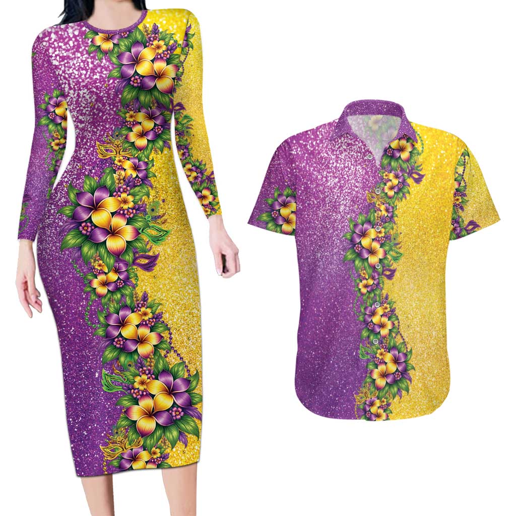 Hawaii Mardi Gras Couples Matching Long Sleeve Bodycon Dress and Hawaiian Shirt Plumeria Lei Beads Glitter Style LT05 Colorful - Polynesian Pride