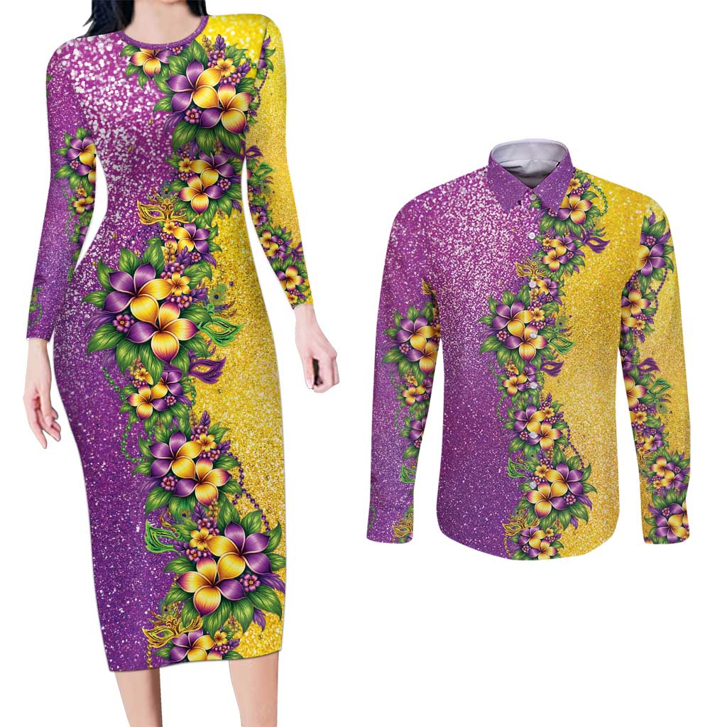 Hawaii Mardi Gras Couples Matching Long Sleeve Bodycon Dress and Long Sleeve Button Shirt Plumeria Lei Beads Glitter Style LT05 Colorful - Polynesian Pride