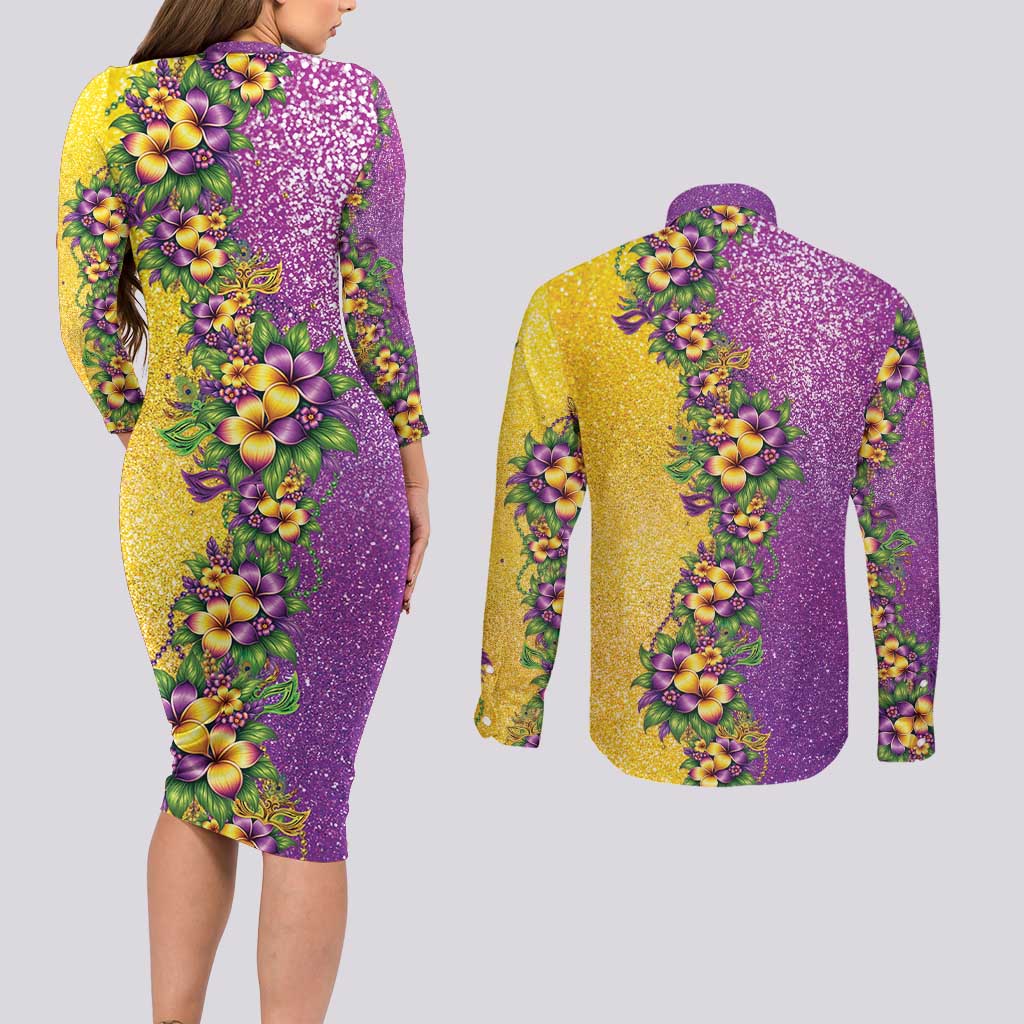 Hawaii Mardi Gras Couples Matching Long Sleeve Bodycon Dress and Long Sleeve Button Shirt Plumeria Lei Beads Glitter Style LT05 - Polynesian Pride