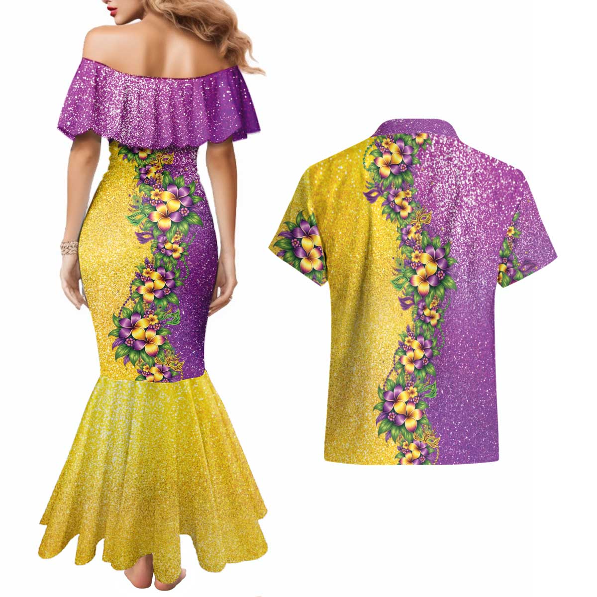 Hawaii Mardi Gras Couples Matching Mermaid Dress and Hawaiian Shirt Plumeria Lei Beads Glitter Style LT05 - Polynesian Pride