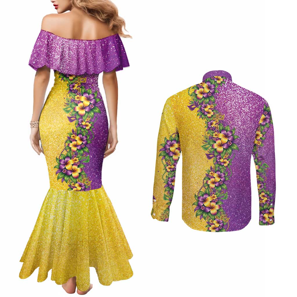 Hawaii Mardi Gras Couples Matching Mermaid Dress and Long Sleeve Button Shirt Plumeria Lei Beads Glitter Style LT05 - Polynesian Pride