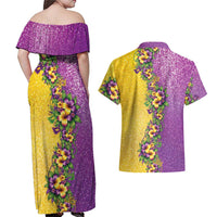 Hawaii Mardi Gras Couples Matching Off Shoulder Maxi Dress and Hawaiian Shirt Plumeria Lei Beads Glitter Style LT05 - Polynesian Pride