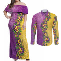 Hawaii Mardi Gras Couples Matching Off Shoulder Maxi Dress and Long Sleeve Button Shirt Plumeria Lei Beads Glitter Style LT05 Colorful - Polynesian Pride
