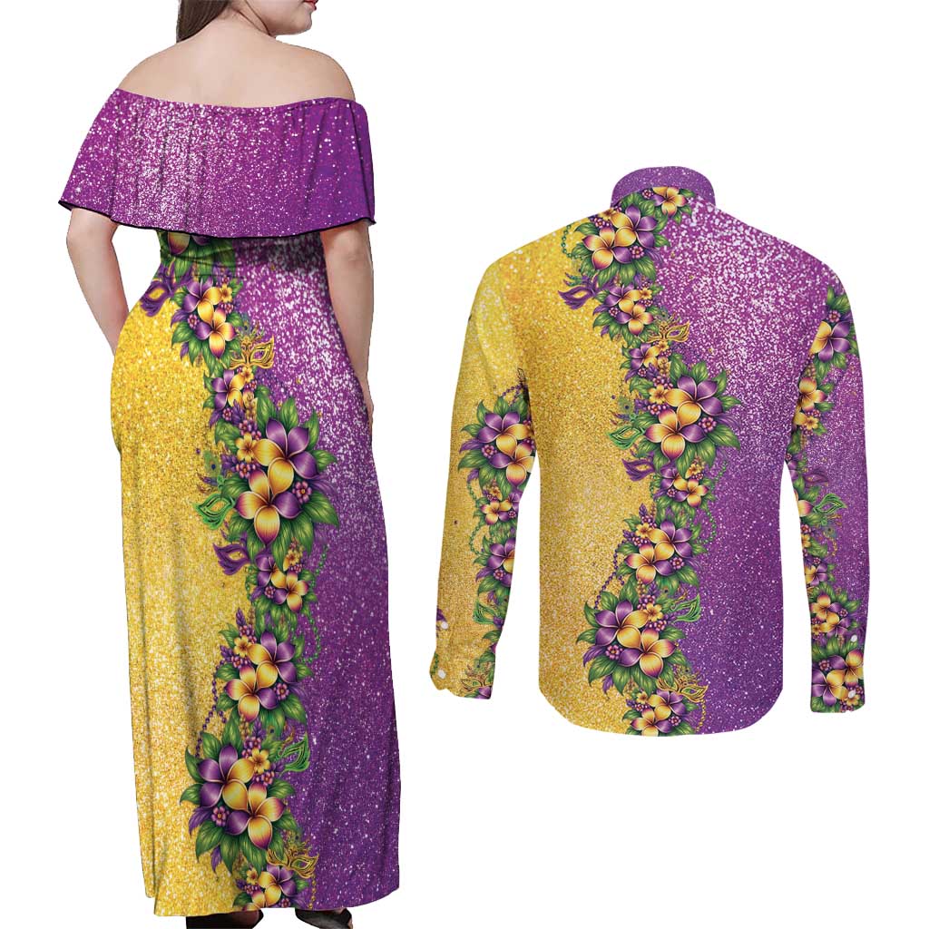 Hawaii Mardi Gras Couples Matching Off Shoulder Maxi Dress and Long Sleeve Button Shirt Plumeria Lei Beads Glitter Style LT05 - Polynesian Pride