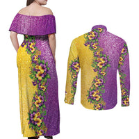 Hawaii Mardi Gras Couples Matching Off Shoulder Maxi Dress and Long Sleeve Button Shirt Plumeria Lei Beads Glitter Style LT05 - Polynesian Pride