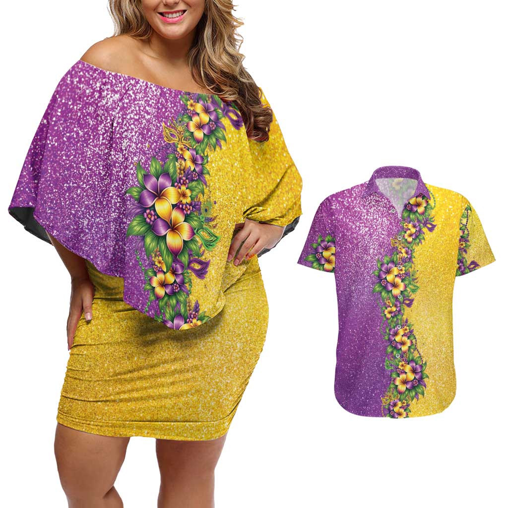 Hawaii Mardi Gras Couples Matching Off Shoulder Short Dress and Hawaiian Shirt Plumeria Lei Beads Glitter Style LT05 Colorful - Polynesian Pride