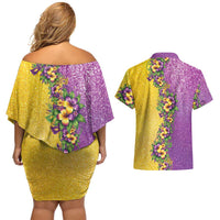 Hawaii Mardi Gras Couples Matching Off Shoulder Short Dress and Hawaiian Shirt Plumeria Lei Beads Glitter Style LT05 - Polynesian Pride