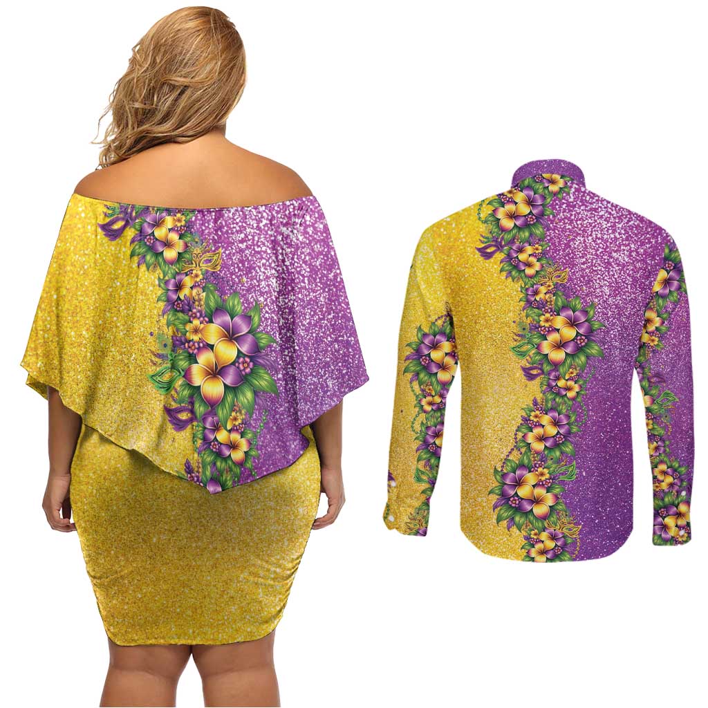 Hawaii Mardi Gras Couples Matching Off Shoulder Short Dress and Long Sleeve Button Shirt Plumeria Lei Beads Glitter Style LT05 - Polynesian Pride