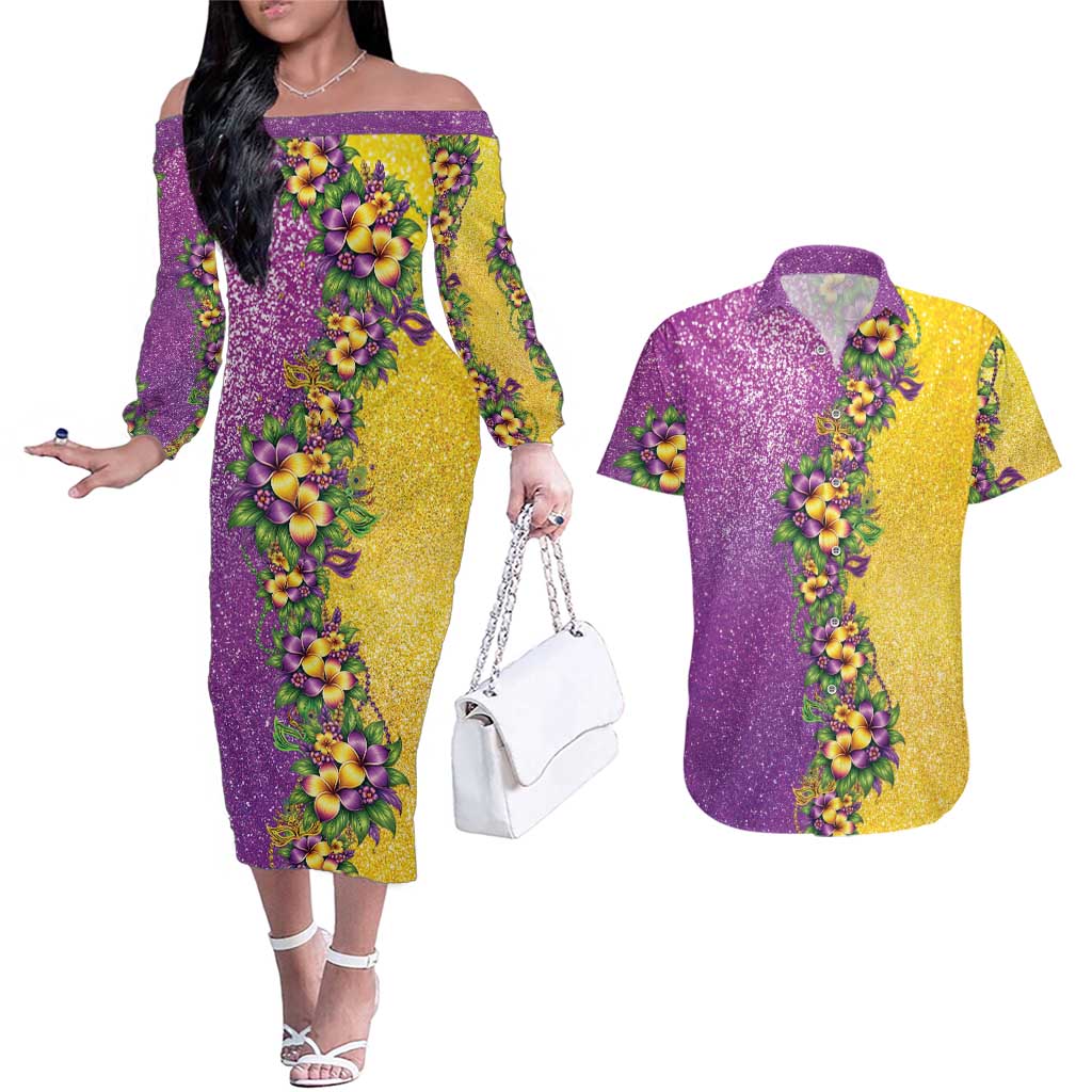 Hawaii Mardi Gras Couples Matching Off The Shoulder Long Sleeve Dress and Hawaiian Shirt Plumeria Lei Beads Glitter Style LT05 Colorful - Polynesian Pride