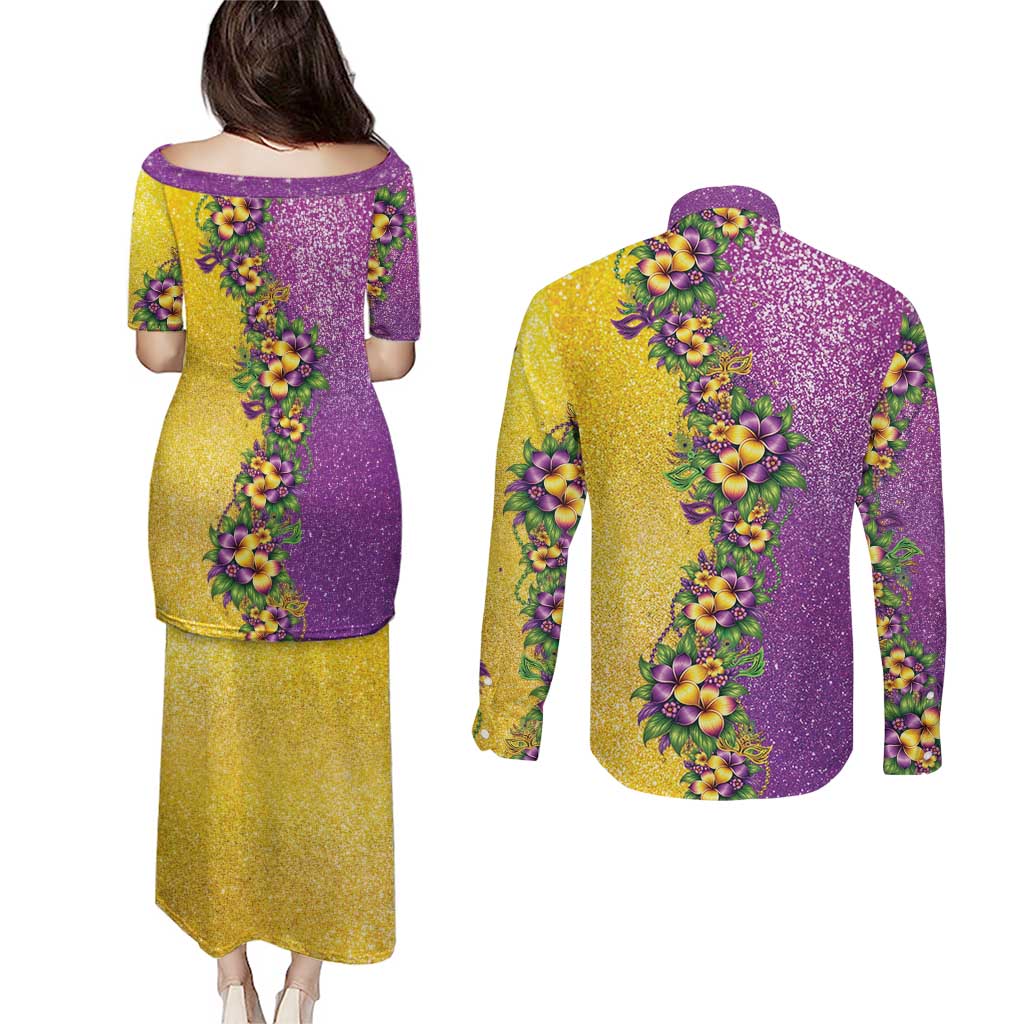 Hawaii Mardi Gras Couples Matching Puletasi and Long Sleeve Button Shirt Plumeria Lei Beads Glitter Style