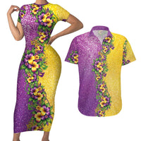 Hawaii Mardi Gras Couples Matching Short Sleeve Bodycon Dress and Hawaiian Shirt Plumeria Lei Beads Glitter Style LT05 Colorful - Polynesian Pride