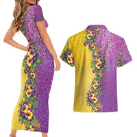 Hawaii Mardi Gras Couples Matching Short Sleeve Bodycon Dress and Hawaiian Shirt Plumeria Lei Beads Glitter Style LT05 - Polynesian Pride