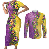 Hawaii Mardi Gras Couples Matching Short Sleeve Bodycon Dress and Long Sleeve Button Shirt Plumeria Lei Beads Glitter Style LT05 Colorful - Polynesian Pride