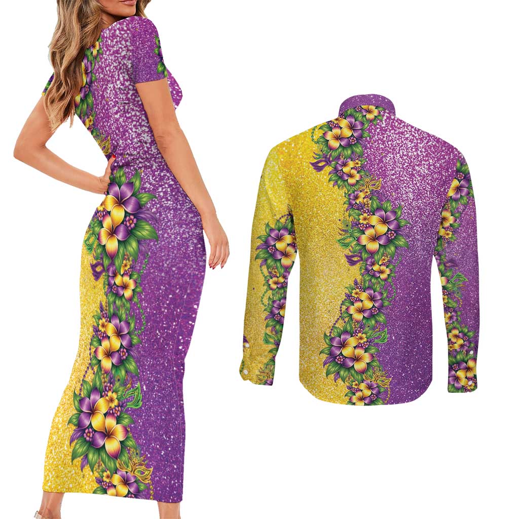 Hawaii Mardi Gras Couples Matching Short Sleeve Bodycon Dress and Long Sleeve Button Shirt Plumeria Lei Beads Glitter Style LT05 - Polynesian Pride