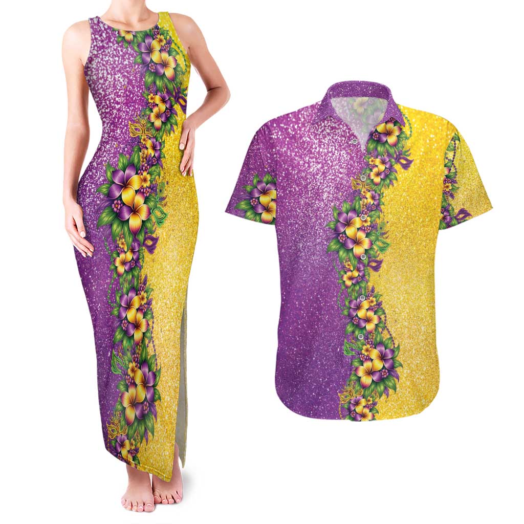 Hawaii Mardi Gras Couples Matching Tank Maxi Dress and Hawaiian Shirt Plumeria Lei Beads Glitter Style LT05 Colorful - Polynesian Pride