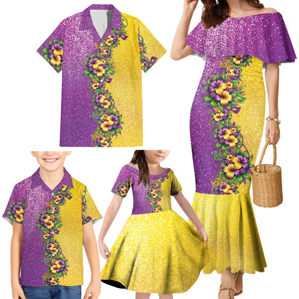 Hawaii Mardi Gras Family Matching Mermaid Dress and Hawaiian Shirt Plumeria Lei Beads Glitter Style LT05 - Polynesian Pride