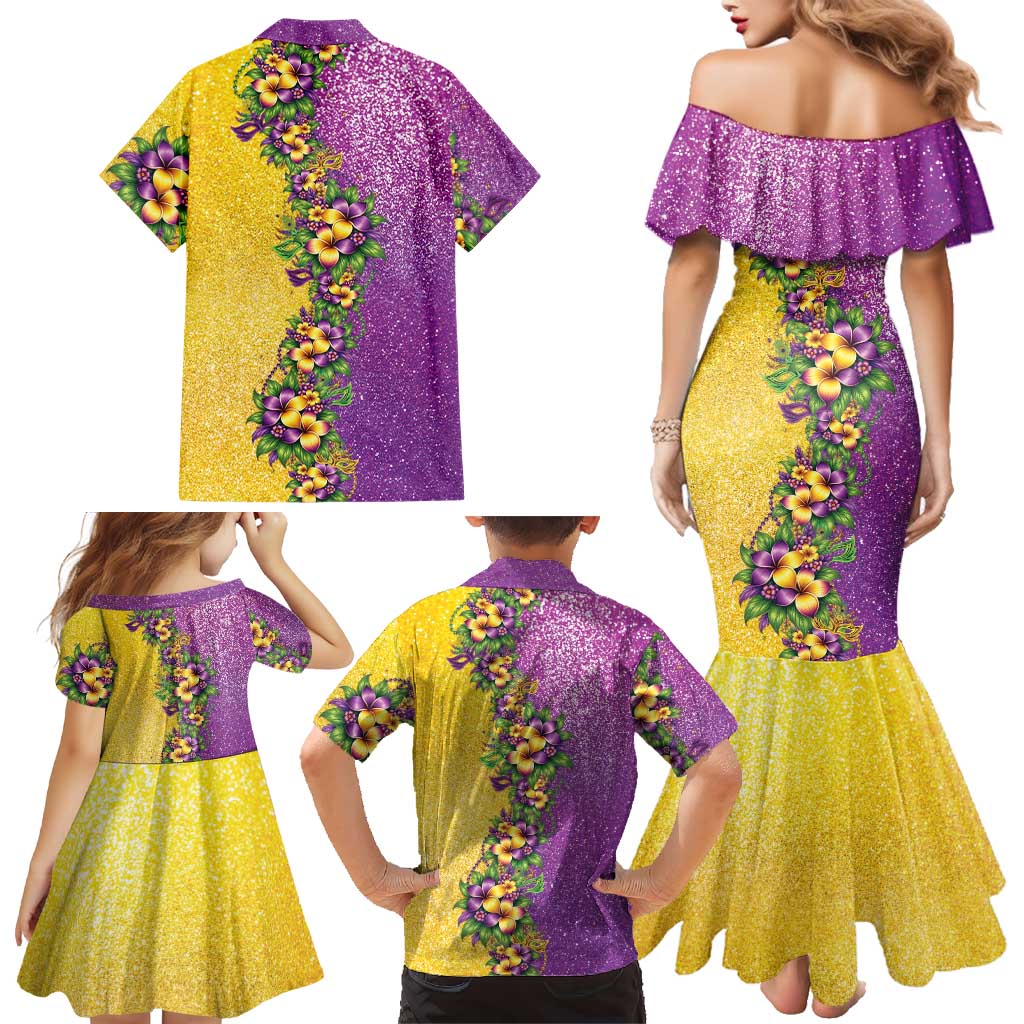 Hawaii Mardi Gras Family Matching Mermaid Dress and Hawaiian Shirt Plumeria Lei Beads Glitter Style LT05 - Polynesian Pride