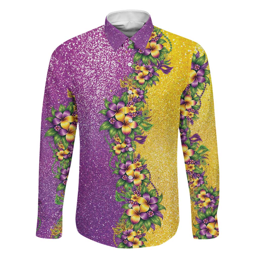 Hawaii Mardi Gras Family Matching Mermaid Dress and Hawaiian Shirt Plumeria Lei Beads Glitter Style LT05 Dad's Shirt - Long Sleeve Colorful - Polynesian Pride