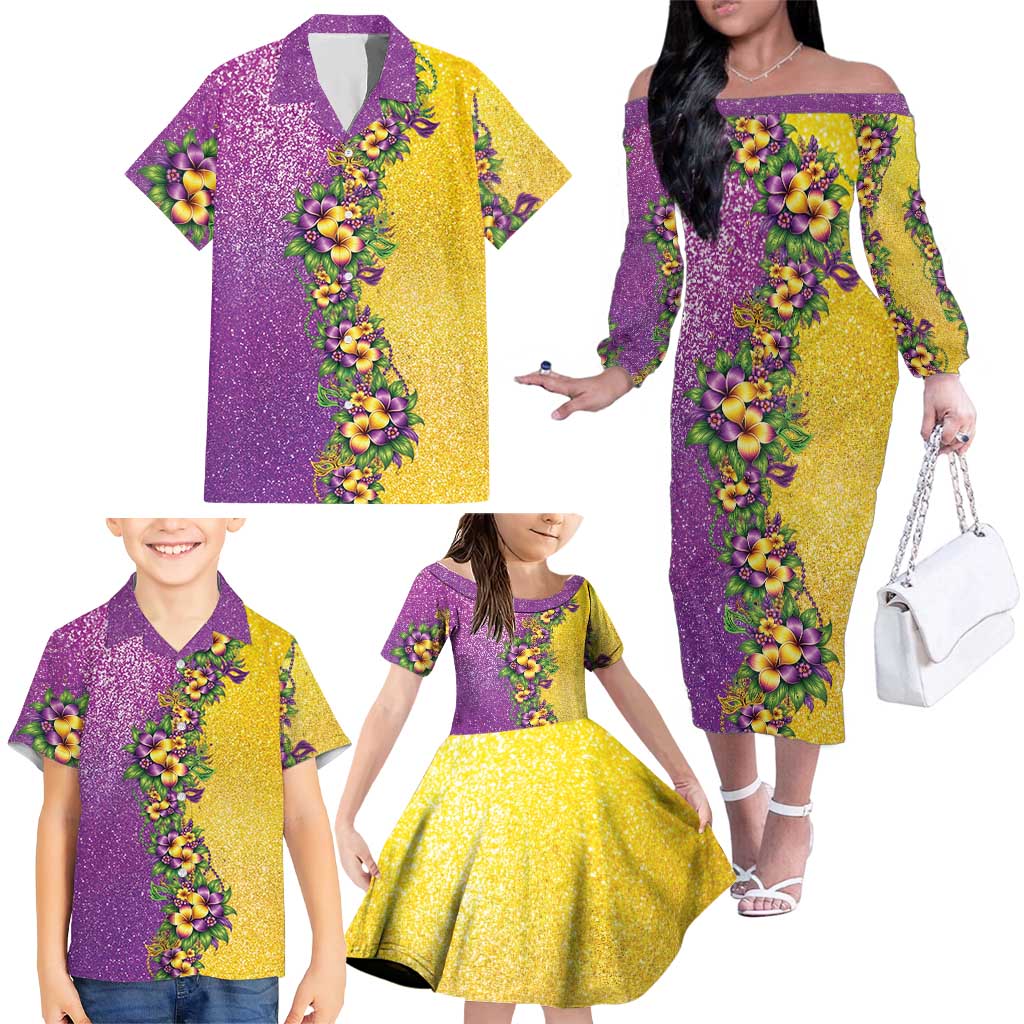 Hawaii Mardi Gras Family Matching Off The Shoulder Long Sleeve Dress and Hawaiian Shirt Plumeria Lei Beads Glitter Style LT05 - Polynesian Pride