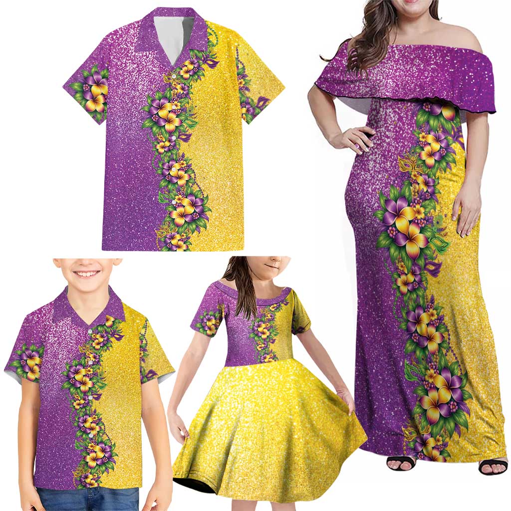 Hawaii Mardi Gras Family Matching Off Shoulder Maxi Dress and Hawaiian Shirt Plumeria Lei Beads Glitter Style LT05 - Polynesian Pride