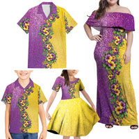 Hawaii Mardi Gras Family Matching Off Shoulder Maxi Dress and Hawaiian Shirt Plumeria Lei Beads Glitter Style LT05 - Polynesian Pride