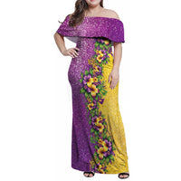 Hawaii Mardi Gras Family Matching Off Shoulder Maxi Dress and Hawaiian Shirt Plumeria Lei Beads Glitter Style LT05 Mom's Dress Colorful - Polynesian Pride