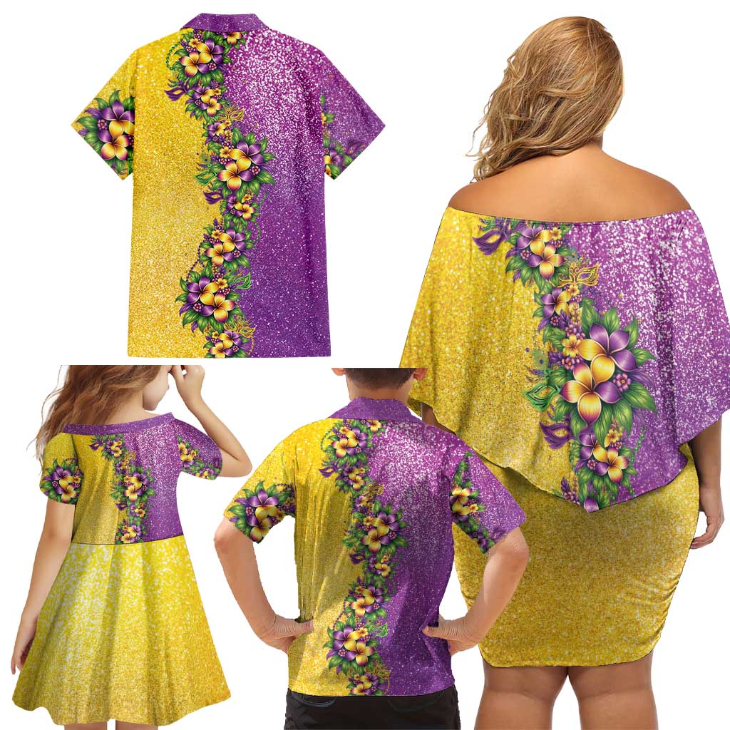 Hawaii Mardi Gras Family Matching Off Shoulder Short Dress and Hawaiian Shirt Plumeria Lei Beads Glitter Style LT05 - Polynesian Pride