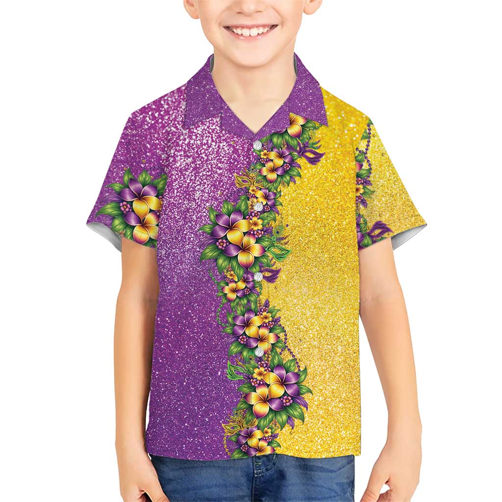 Hawaii Mardi Gras Family Matching Puletasi and Hawaiian Shirt Plumeria Lei Beads Glitter Style LT05 Son's Shirt Colorful - Polynesian Pride