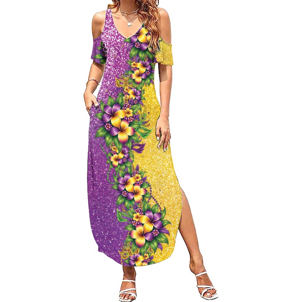 Hawaii Mardi Gras Family Matching Summer Maxi Dress and Hawaiian Shirt Plumeria Lei Beads Glitter Style LT05 Mom's Dress Colorful - Polynesian Pride