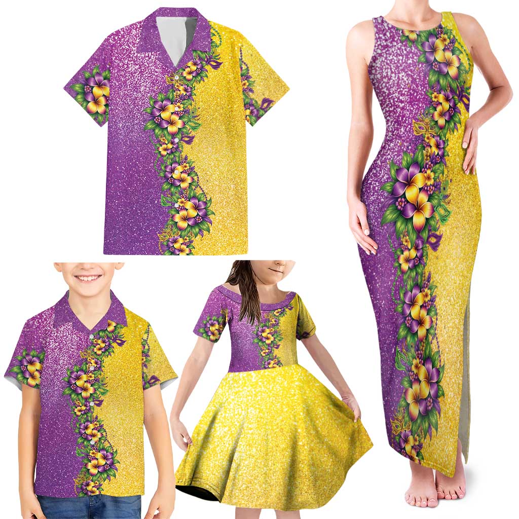 Hawaii Mardi Gras Family Matching Tank Maxi Dress and Hawaiian Shirt Plumeria Lei Beads Glitter Style LT05 - Polynesian Pride