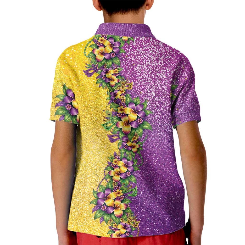 Hawaii Mardi Gras Kid Polo Shirt Plumeria Lei Beads Glitter Style