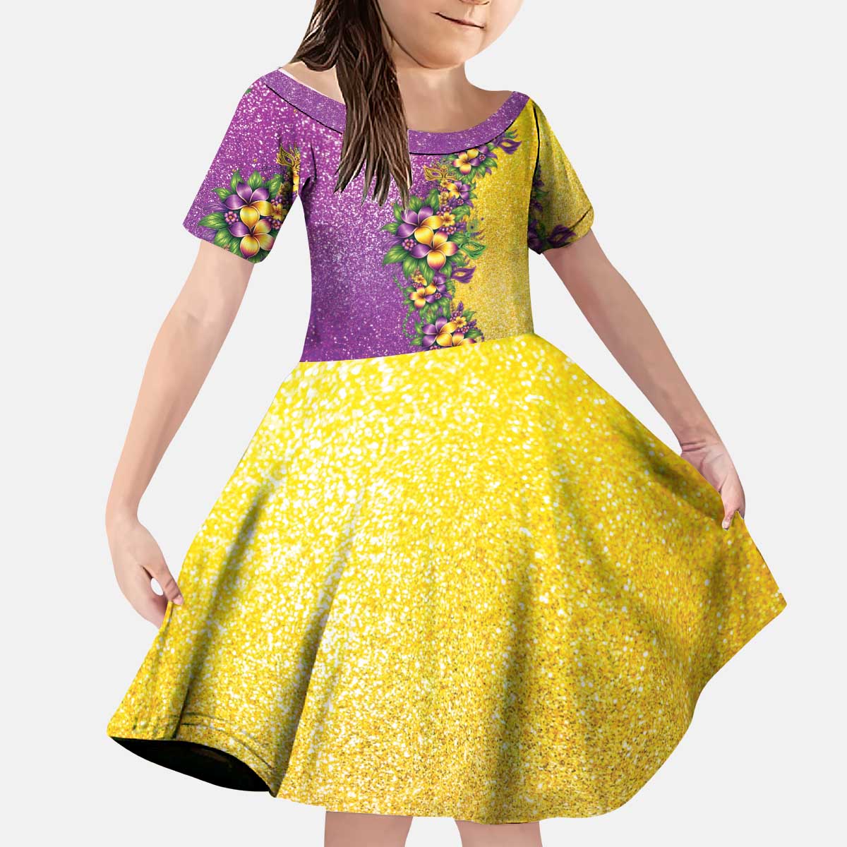 Hawaii Mardi Gras Kid Short Sleeve Dress Plumeria Lei Beads Glitter Style LT05 KID Colorful - Polynesian Pride