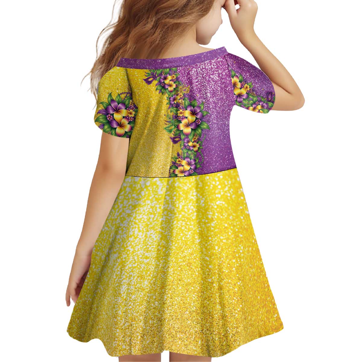 Hawaii Mardi Gras Kid Short Sleeve Dress Plumeria Lei Beads Glitter Style LT05 - Polynesian Pride