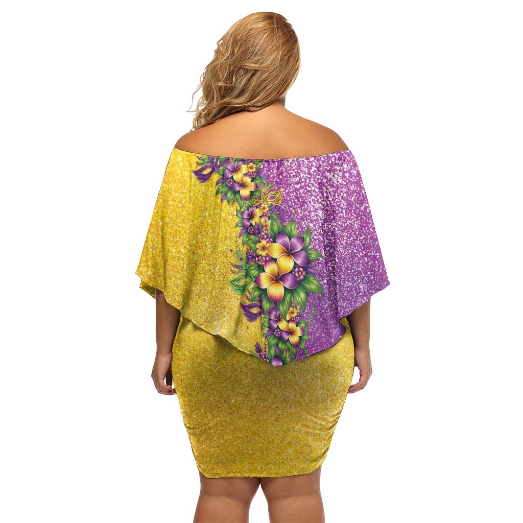 Hawaii Mardi Gras Off Shoulder Short Dress Plumeria Lei Beads Glitter Style