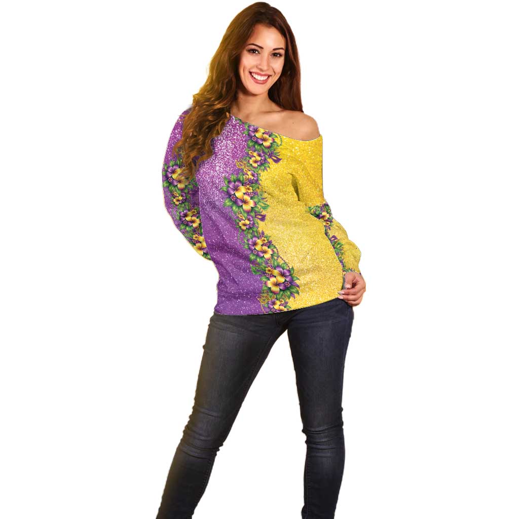 Hawaii Mardi Gras Off Shoulder Sweater Plumeria Lei Beads Glitter Style