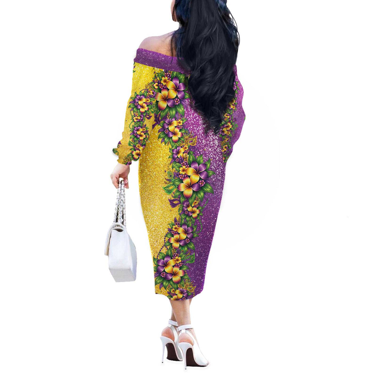 Hawaii Mardi Gras Off The Shoulder Long Sleeve Dress Plumeria Lei Beads Glitter Style