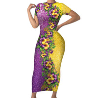 Hawaii Mardi Gras Short Sleeve Bodycon Dress Plumeria Lei Beads Glitter Style