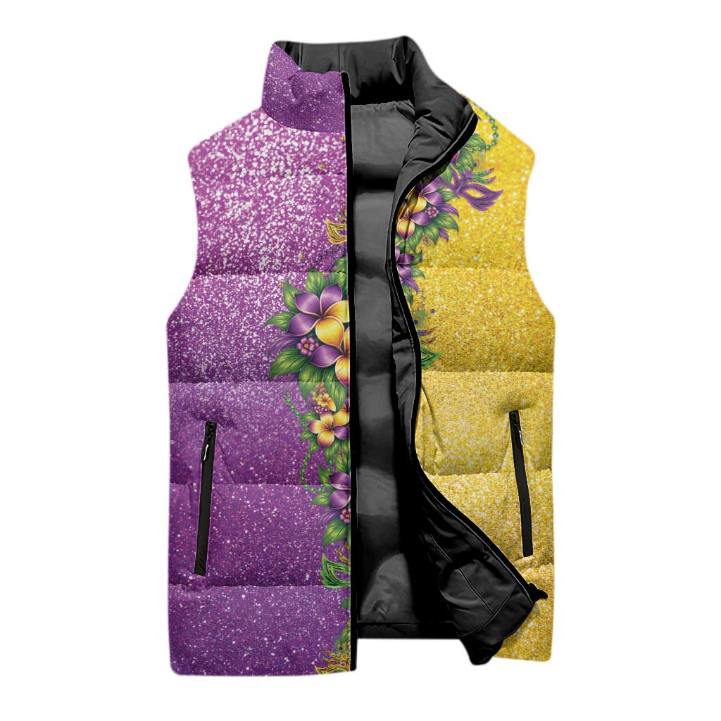Hawaii Mardi Gras Sleeveless Puffer Jacket Plumeria Lei Beads Glitter Style