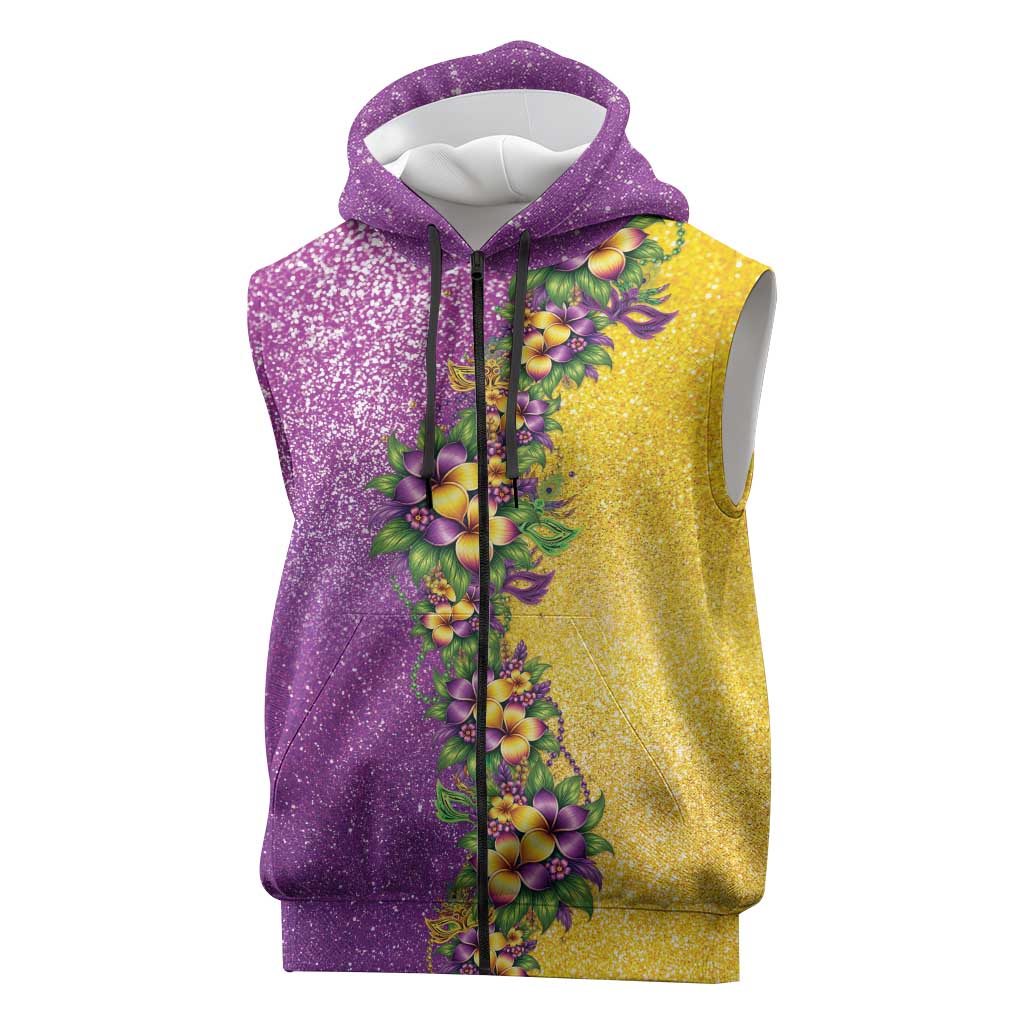 Hawaii Mardi Gras Sleeveless Zip Hoodie Plumeria Lei Beads Glitter Style LT05 Colorful - Polynesian Pride