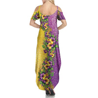 Hawaii Mardi Gras Summer Maxi Dress Plumeria Lei Beads Glitter Style