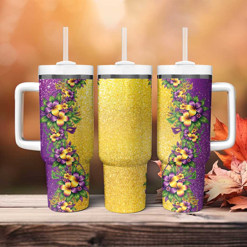 Hawaii Mardi Gras Tumbler With Handle Plumeria Lei Beads Glitter Style