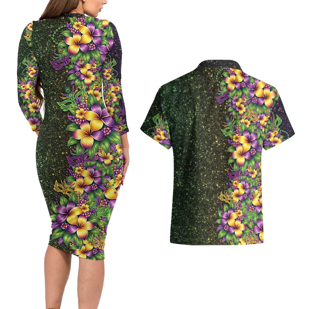 Hawaii Mardi Gras Couples Matching Long Sleeve Bodycon Dress and Hawaiian Shirt Tropical Flowers Glitter Style LT05 - Polynesian Pride