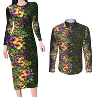 Hawaii Mardi Gras Couples Matching Long Sleeve Bodycon Dress and Long Sleeve Button Shirt Tropical Flowers Glitter Style LT05 Black - Polynesian Pride
