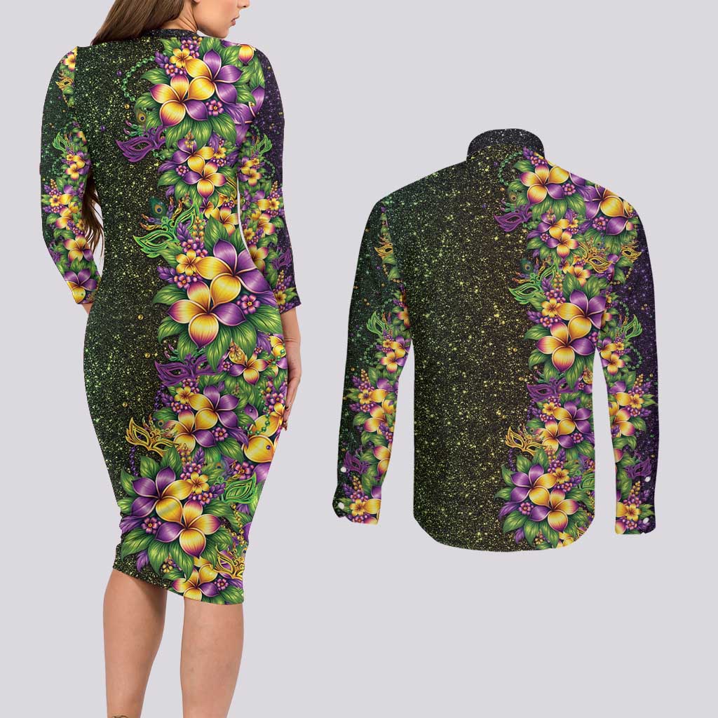 Hawaii Mardi Gras Couples Matching Long Sleeve Bodycon Dress and Long Sleeve Button Shirt Tropical Flowers Glitter Style LT05 - Polynesian Pride