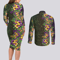 Hawaii Mardi Gras Couples Matching Long Sleeve Bodycon Dress and Long Sleeve Button Shirt Tropical Flowers Glitter Style LT05 - Polynesian Pride