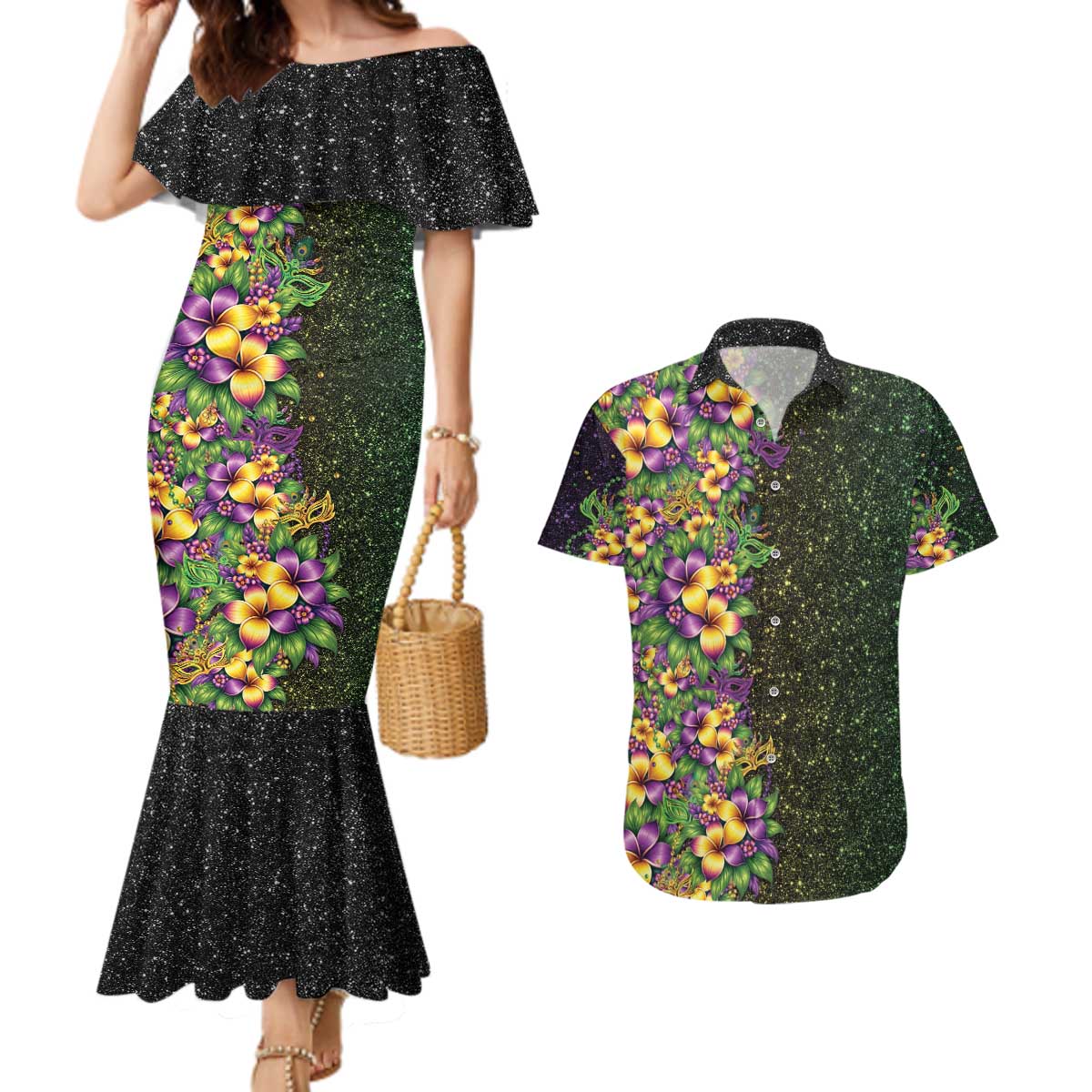 Hawaii Mardi Gras Couples Matching Mermaid Dress and Hawaiian Shirt Tropical Flowers Glitter Style LT05 Black - Polynesian Pride