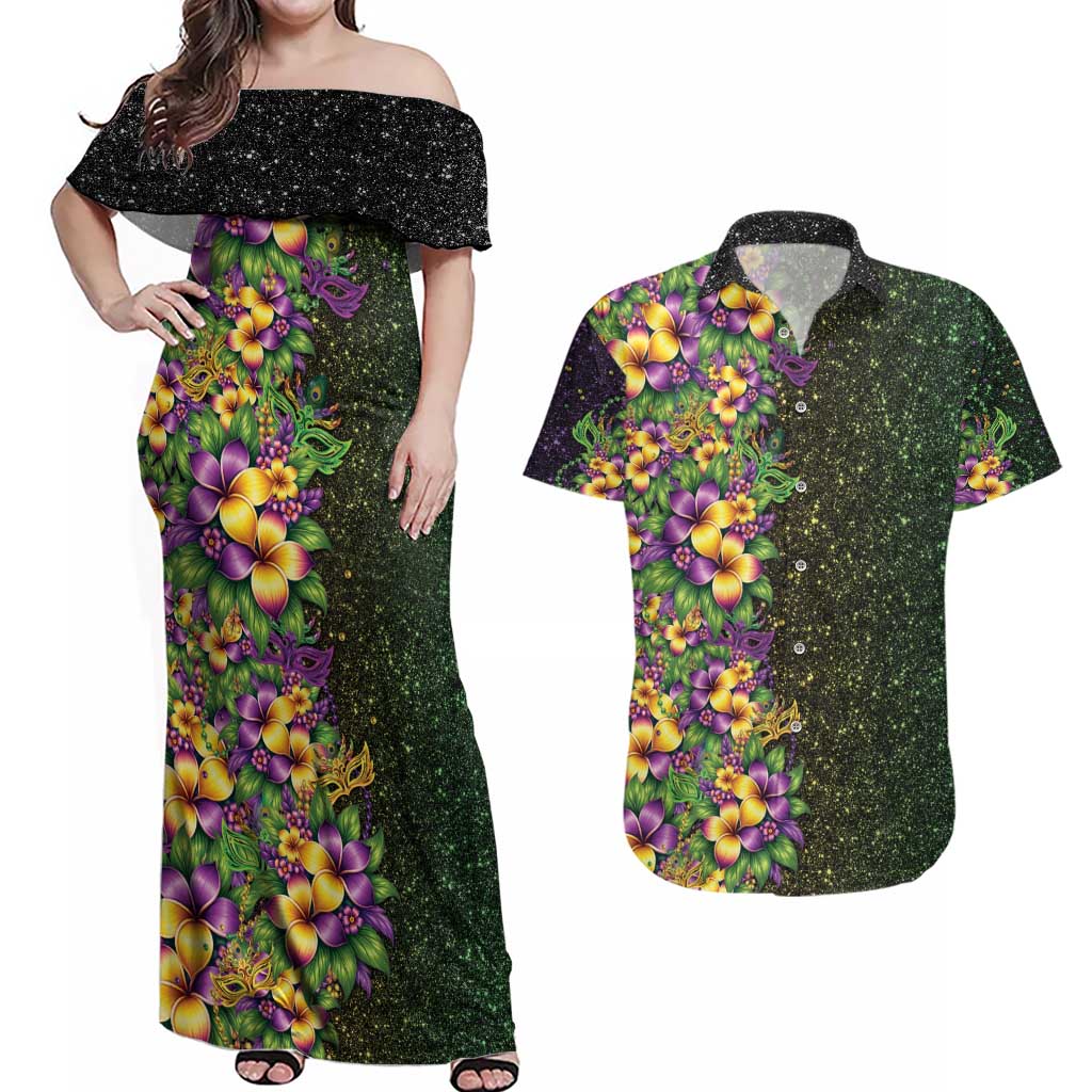 Hawaii Mardi Gras Couples Matching Off Shoulder Maxi Dress and Hawaiian Shirt Tropical Flowers Glitter Style LT05 Black - Polynesian Pride