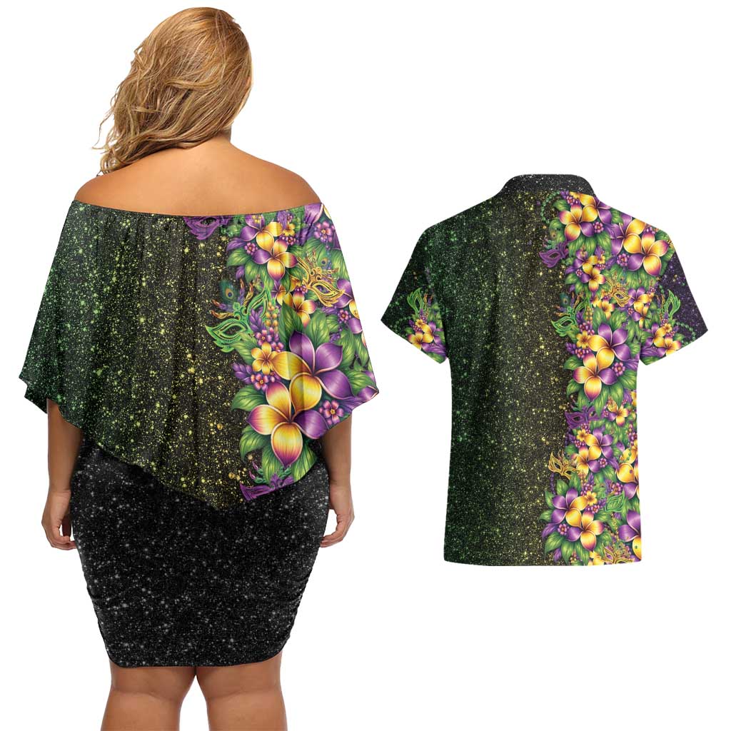 Hawaii Mardi Gras Couples Matching Off Shoulder Short Dress and Hawaiian Shirt Tropical Flowers Glitter Style LT05 - Polynesian Pride
